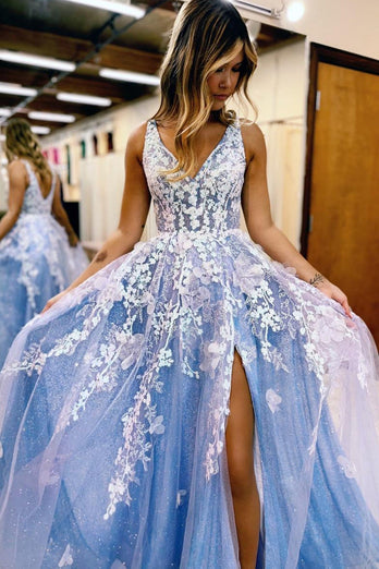 A Line Blue Tulle Long Prom Dress With Slit