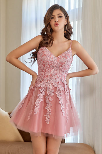 Cute A Line V Neck Blush Short Homecoming Dress with Appliques