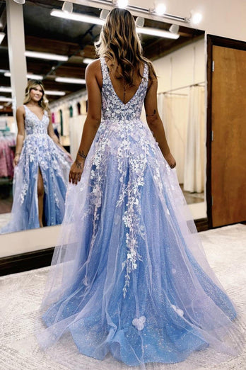 A Line Blue Tulle Long Prom Dress With Slit