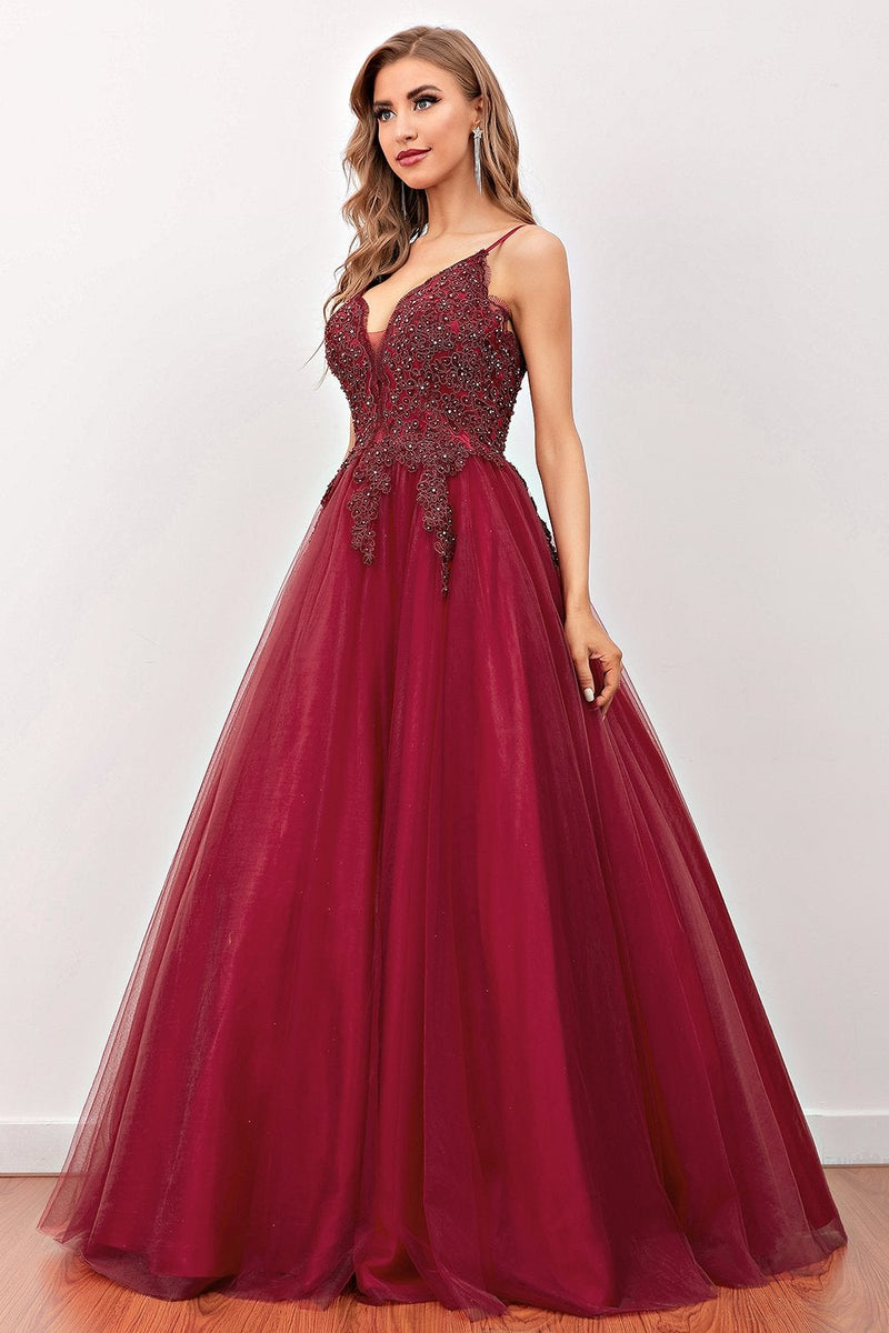 Load image into Gallery viewer, Burgundy Beaded Long Prom Dress