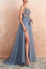 Load image into Gallery viewer, Spaghetti Straps Blue Long Prom Dress With Slit