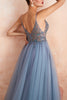 Load image into Gallery viewer, Spaghetti Straps Blue Long Prom Dress With Slit