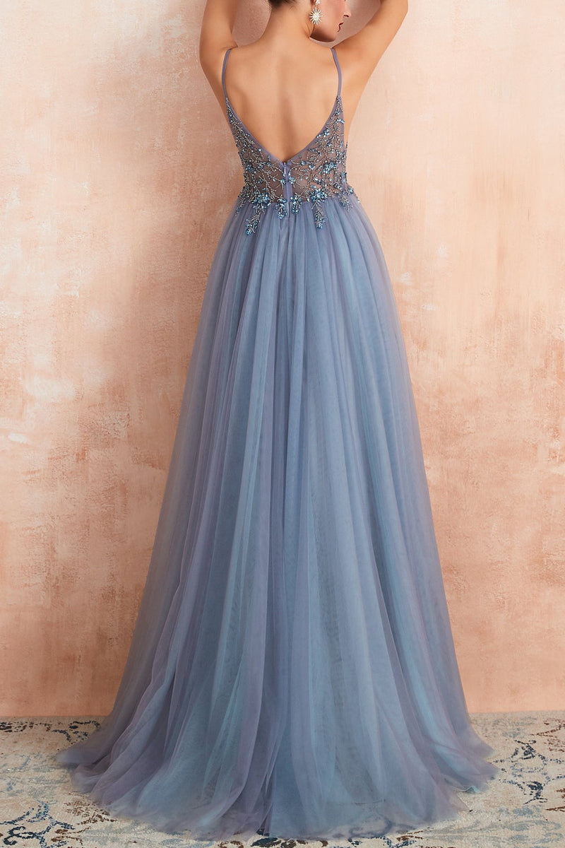 Load image into Gallery viewer, Spaghetti Straps Blue Long Prom Dress With Slit