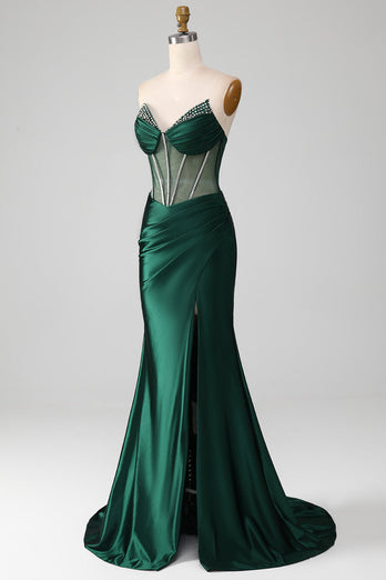 Dark Green Strapless Mermaid Long Corset Prom Dress