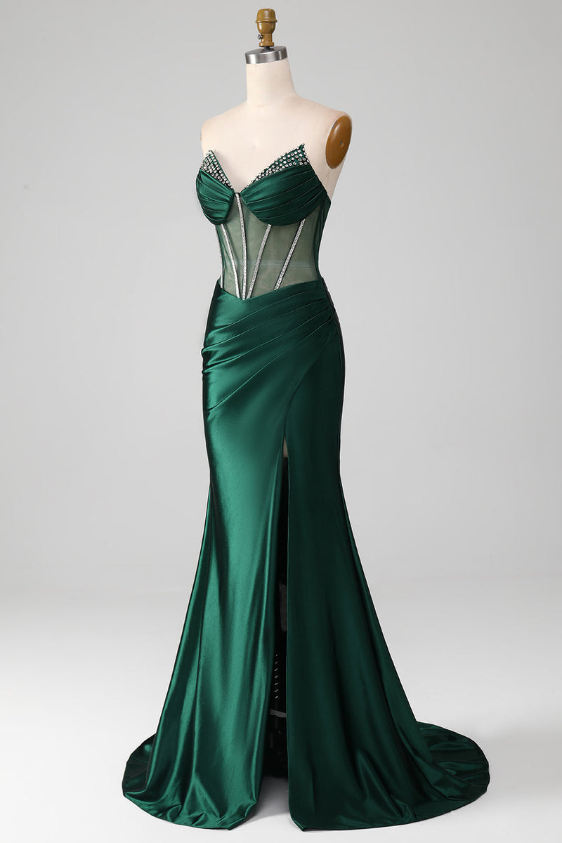 Load image into Gallery viewer, Dark Green Strapless Mermaid Long Corset Prom Dress