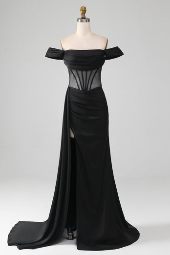 Black Off the Shoulder Satin Corset Mermaid Prom Dress with Slit