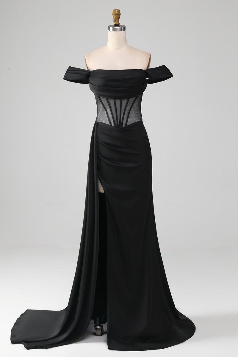 Load image into Gallery viewer, Black Off the Shoulder Satin Corset Mermaid Prom Dress with Slit