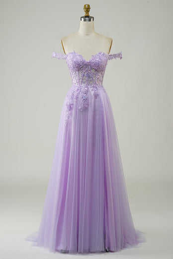 Purple Corset A-Line Long Tulle Prom Dress with Lace