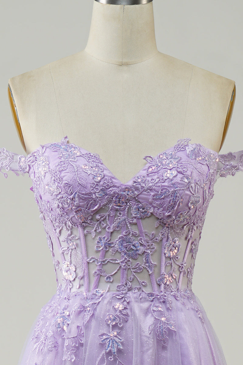 Load image into Gallery viewer, Purple Corset A-Line Long Tulle Prom Dress with Lace