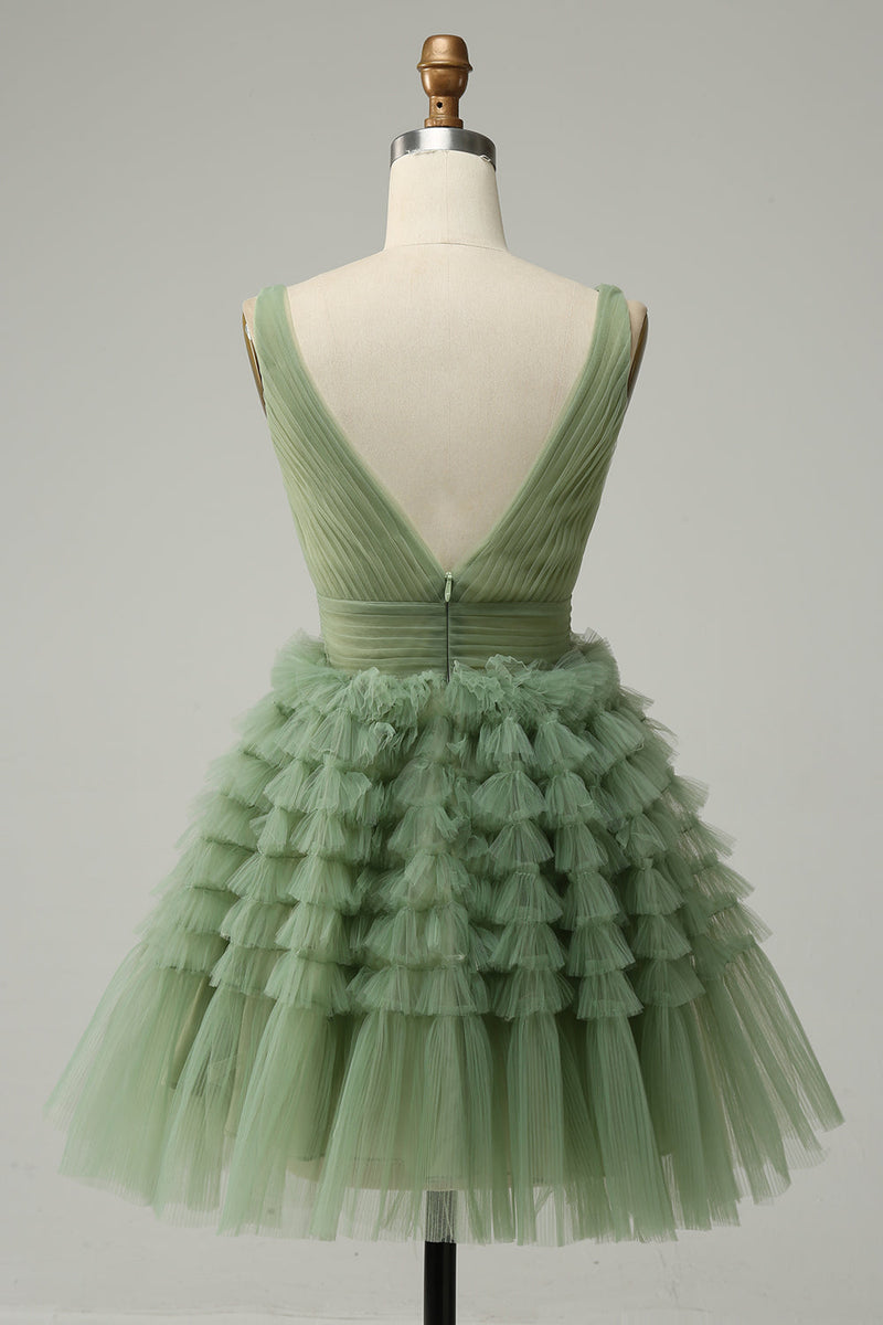 Load image into Gallery viewer, Green Tulle V-Neck Short Prom Dress With Open Back