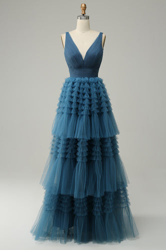 A Line V-neck Blue Tiered Prom Dress