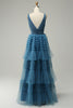 Load image into Gallery viewer, A Line V-neck Blue Tiered Prom Dress