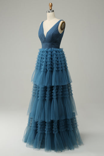 A Line V-neck Blue Tiered Prom Dress