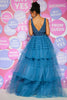 Load image into Gallery viewer, Blue A Line V-neck Princess Tiered Prom Dress