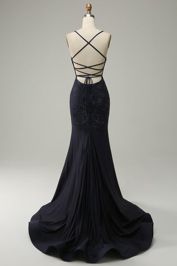 Navy Strapless Sweetheart Beaded Prom Dress with Split