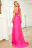 Load image into Gallery viewer, Halter Hot Pink Long Mermaid Prom Dress with Slit