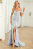 Load image into Gallery viewer, Off the Shoulder Mermaid Blue Sequins Long Prom Dress with Slit