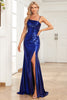 Load image into Gallery viewer, Mermaid Spaghetti Straps Navy Long Prom Dress with Split Front