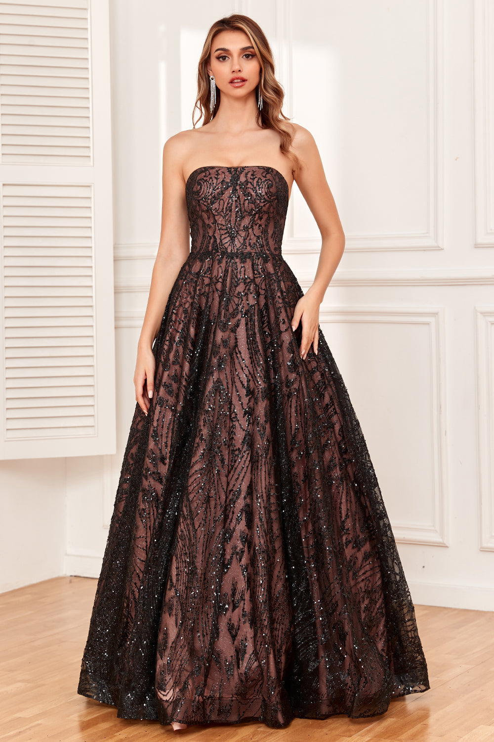 Black Strapless A Line Prom Dress with Beading