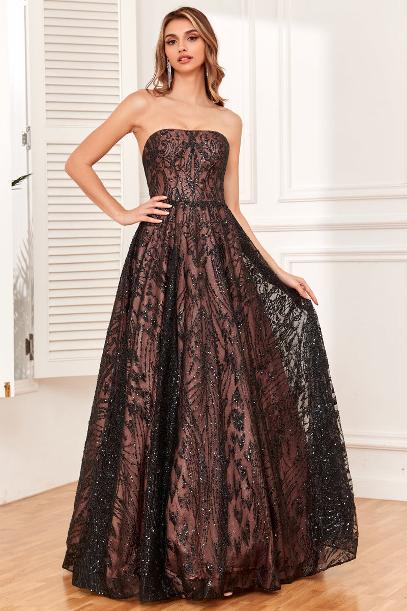 Load image into Gallery viewer, Black Strapless A Line Prom Dress with Beading