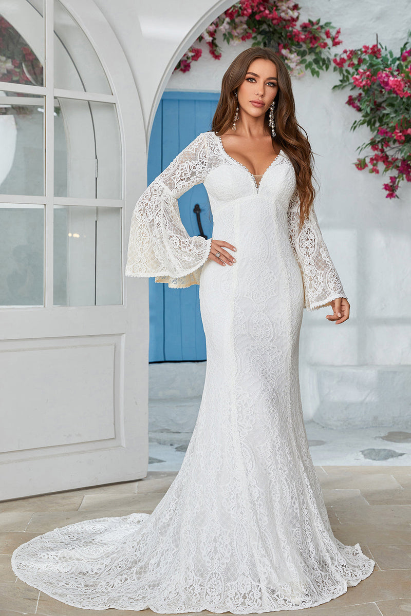 Load image into Gallery viewer, Ivory Mermaid Lace Flare Sleeves Wedding Dress