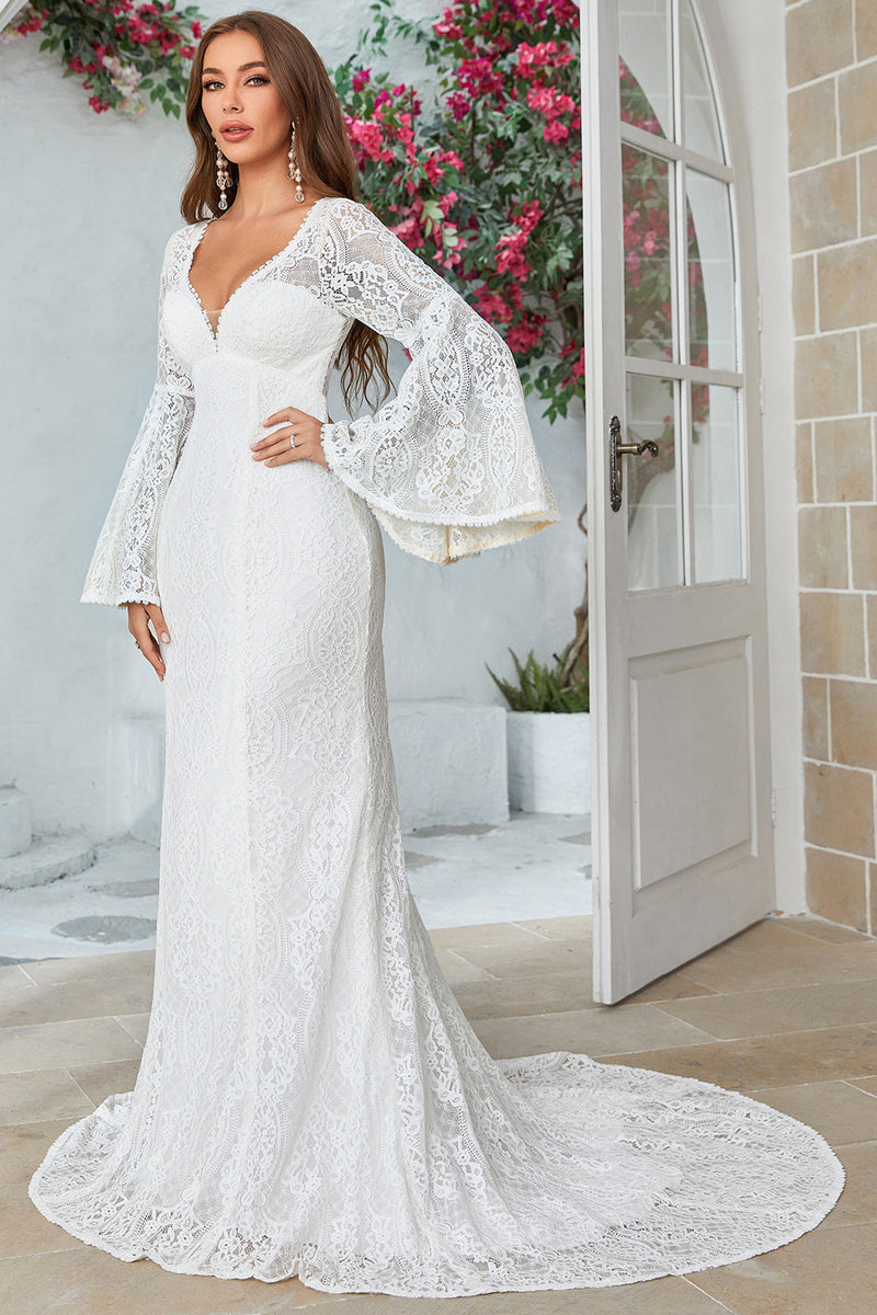 Load image into Gallery viewer, Ivory Mermaid Lace Flare Sleeves Wedding Dress